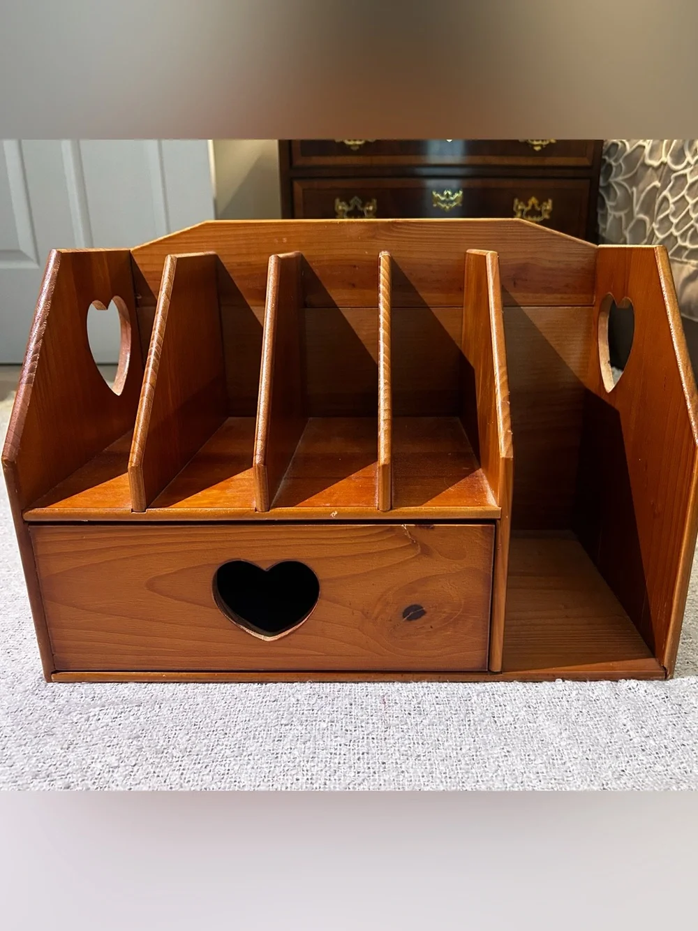 Vintage Wooden Desk Organizer with Heart Drawer and Sides